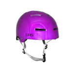 The DRS Junior Helmet 48-52cm in a vibrant purple color includes ventilation holes, an adjustable chin strap, and prominently showcases the DRS logo on the side. Crafted to comply with Australian Standards, it ensures safety while offering style and comfort.