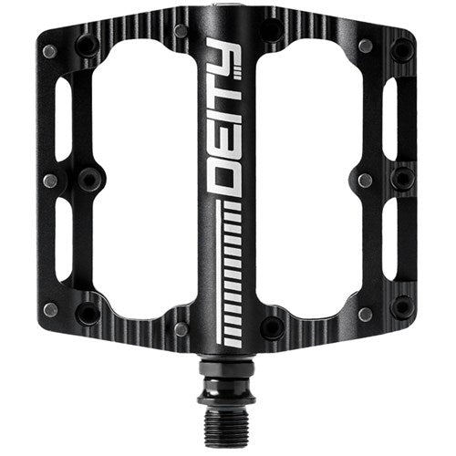 The Deity Black Kat Pedals boast a stylish black platform with the "Deity" logo prominently displayed in white at its center, combining durability with style. Equipped with a double-sealed bearing system, these pedals guarantee a smooth ride every time.