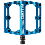 The Deity Black Kat Pedals showcase a stylish flat design in blue and are equipped with numerous grip holes to provide excellent traction.