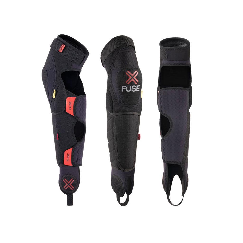 Three views of Fuse Delta 125 black knee/shin/ankle combo pads feature red and yellow branding, ideal for sports or physical activities. Made from Rip Stop 1100D Cordura, they ensure durability and comfort for any adventurer.