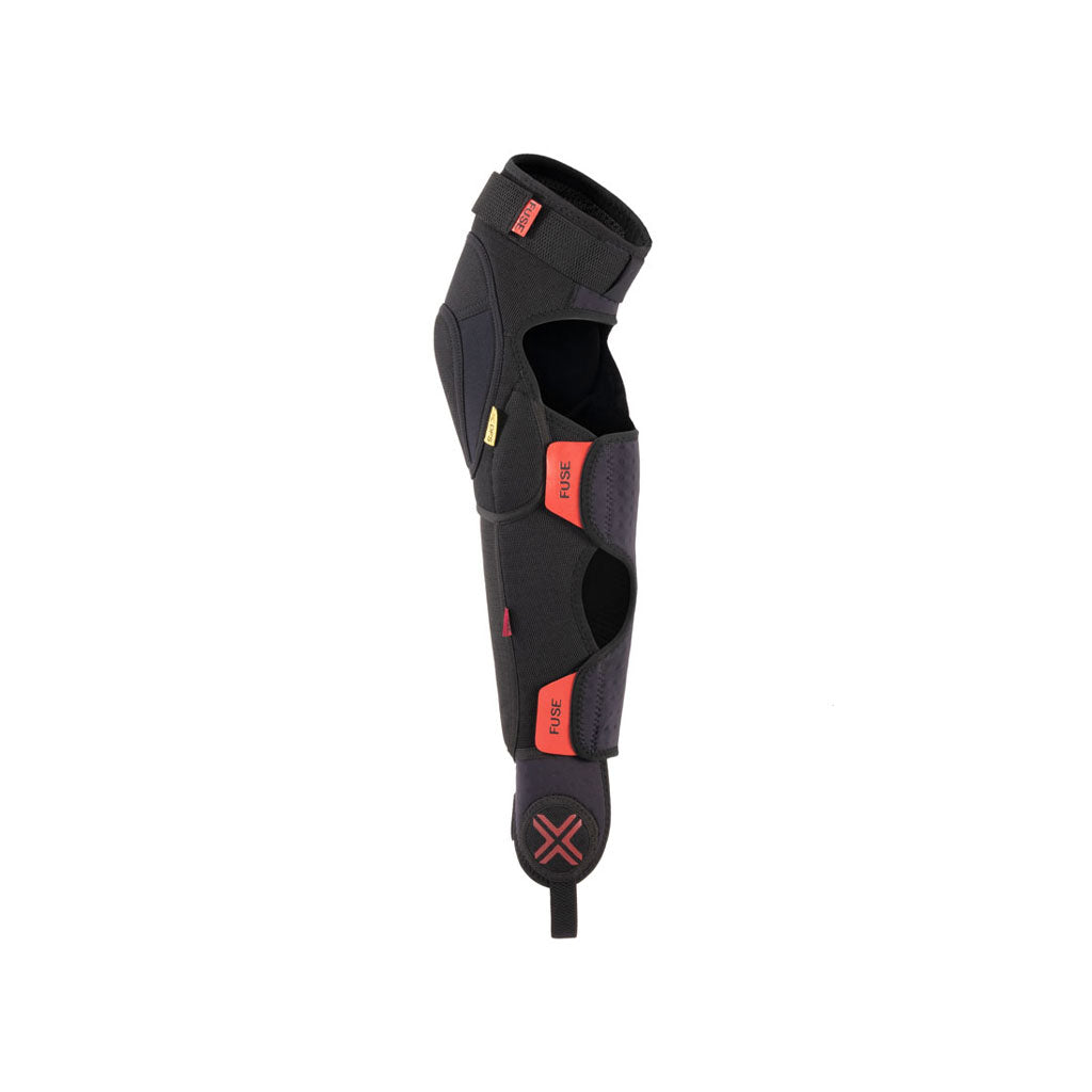 The Fuse Delta 125 Knee/Shin/Ankle Combo Pads (Pair) features a black and red protective sleeve made from Rip Stop 1100D Cordura, offering structured arm support with various labeled sections for added functionality.