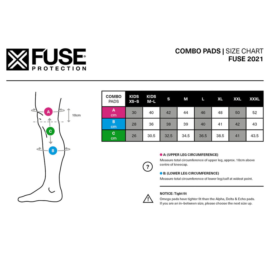 Discover the Fuse Delta 125 Knee/Shin/Ankle Combo Pads, available in sizes Kids XS–S to XXXL. Crafted from Rip Stop 1100D Cordura with DFS system memory foam, they come with fitting instructions for ultimate comfort and durability. Includes a size chart for leg circumferences.