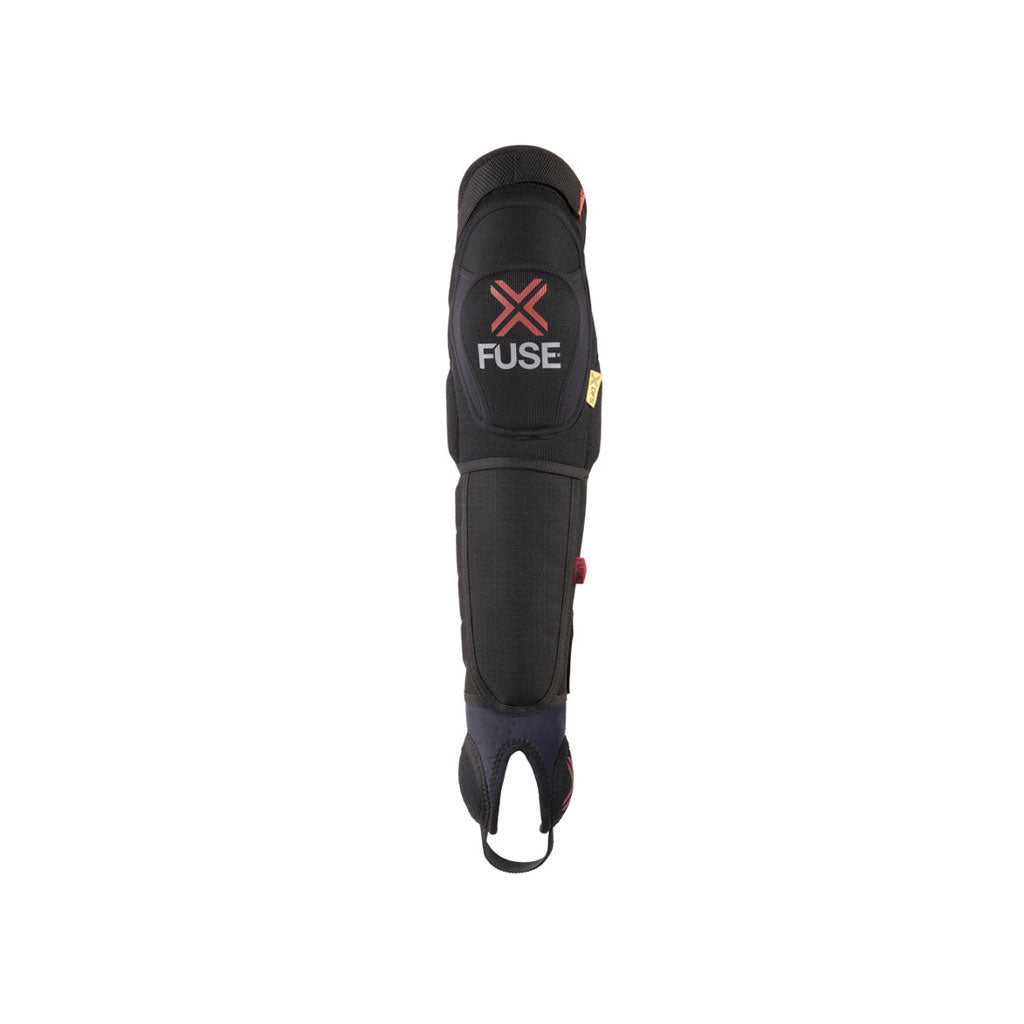 The Fuse Delta 125 Knee/Shin/Ankle Combo Pads, in black with red accents and branding, are crafted with durable Rip Stop 1100D Cordura for protective sports gear.