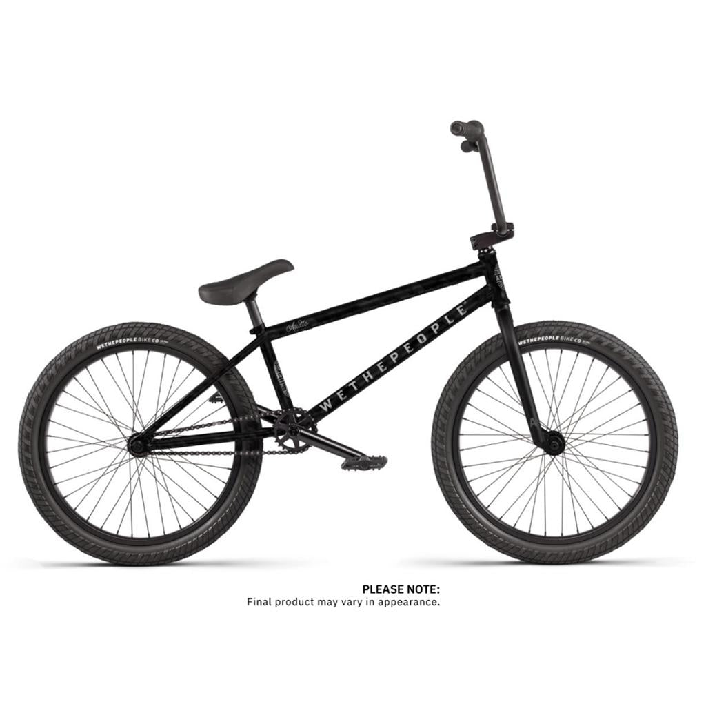 The Wethepeople Audio 22 Inch Bike is a sleek black BMX with a chromoly frame, "WeThePeople" branding, thick tires, a straight handlebar, and a padded seat.