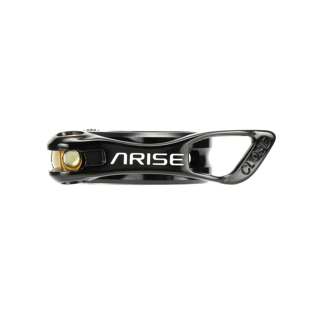 The Arise Ozon Seat Post Clamp is a quick-release CNC machined clamp in black, featuring "ARISE" etched in white, ideal for BMX race bikes.