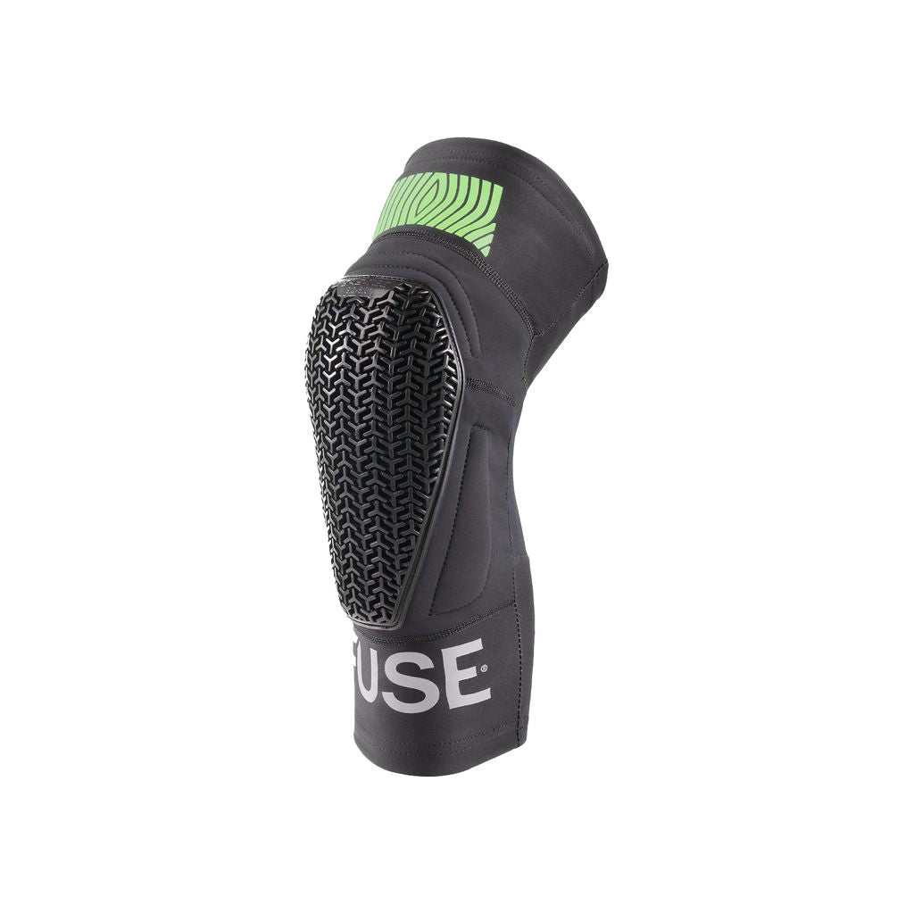 The Fuse Omega Pocket Knee Pads (Pair) in black and green are travel-friendly, boasting a textured front with "FUSE" printed at the bottom. Their ultra-lite SAS-TEC design ensures perfect on-the-go protection.