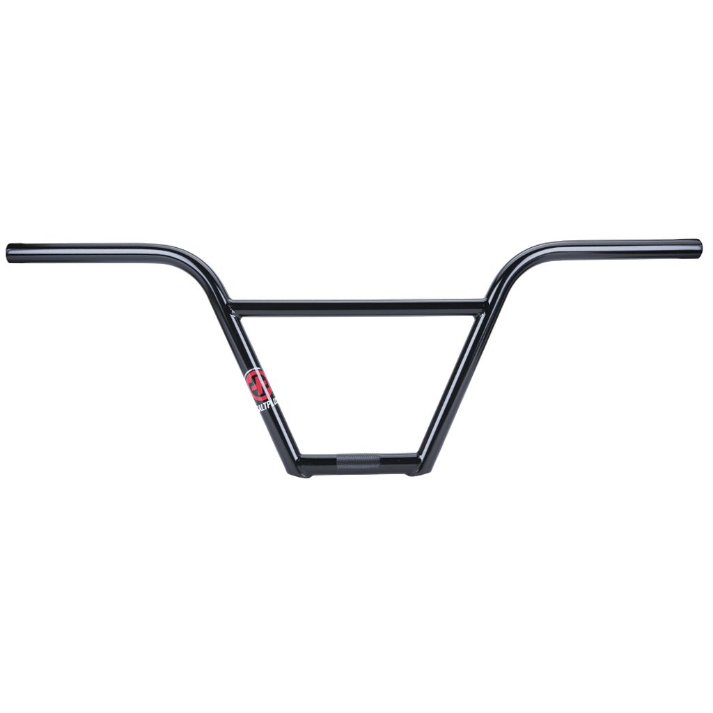 Introducing Salt Plus HQ 4 Piece Bars, black BMX handlebars crafted from durable chromoly tubing and featuring a striking red logo in the center. These affordable bars offer both style and strength for your ride.