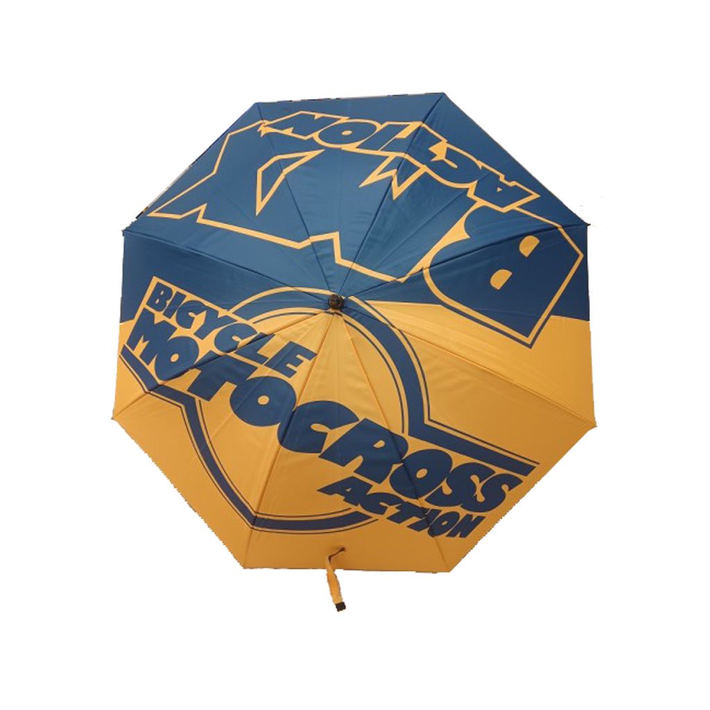 Introducing the MCS BMX Action Umbrella, available in a striking blue and yellow design with "BMX Bicycle Motocross Action" boldly displayed. Crafted from UV-resistant coated polyester, this umbrella features automatic open functionality, combining style and practicality for any adventure.