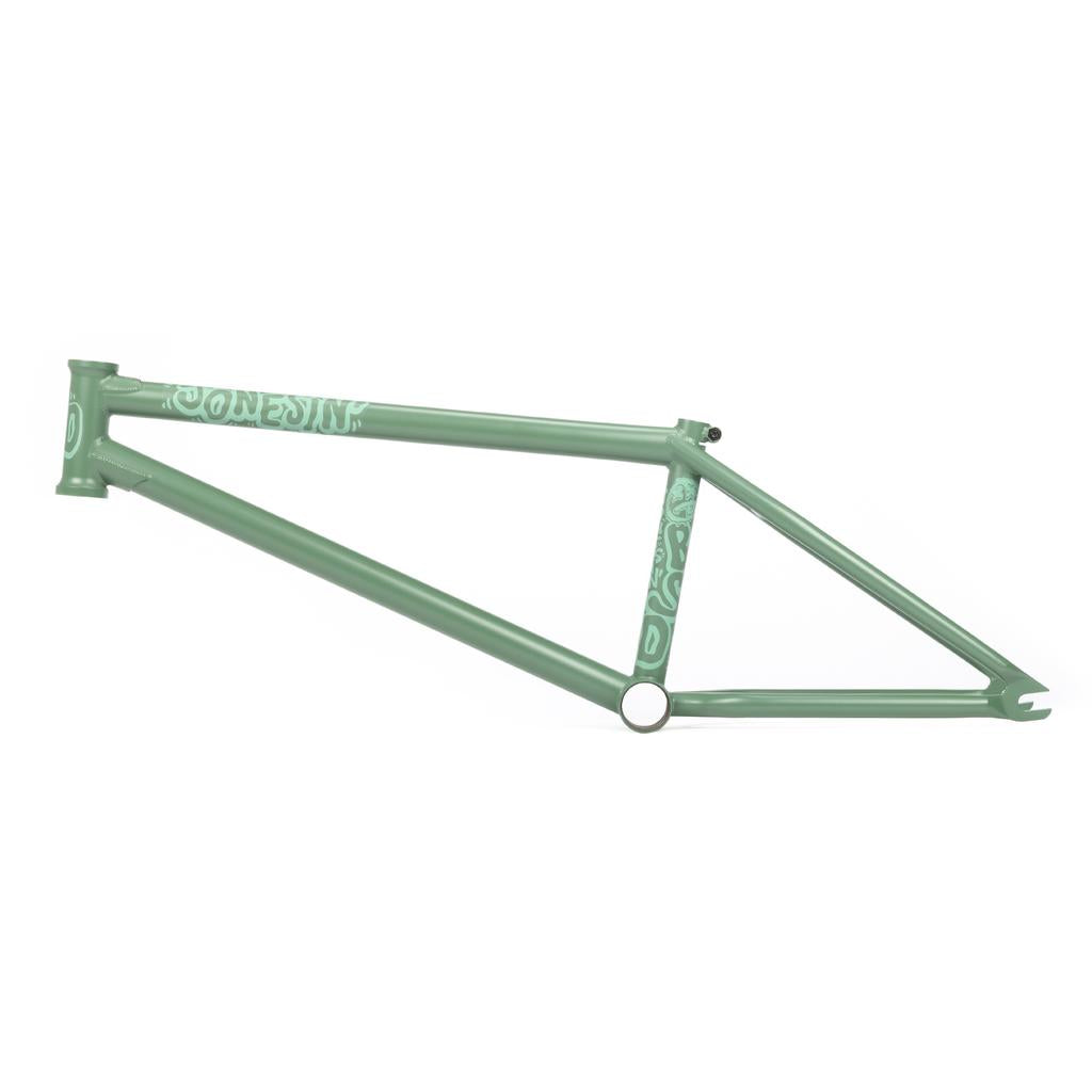 The BSD Jonesin Frame (2021) is a green bike frame with white decorative text and designs on the top tube, showcasing Sam Jones' signature style with modern street geometry for an edgy look.