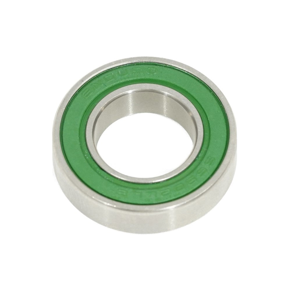 Close-up of the Enduro A5 LLB SS Radial Sealed Bearing, featuring a metallic circular design with a green inner ring made from 440C stainless steel, displayed on a white background.