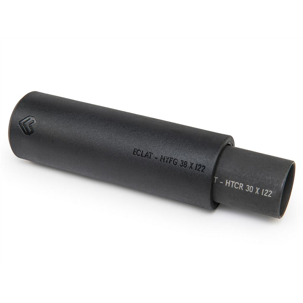 The Eclat Venom 122mm peg is a black cylindrical BMX peg with "ECLAT - NYFG 38 X 122" and "T - HTCR 30 X 122" printed on it, featuring a durable plastic sleeve for enhanced performance.