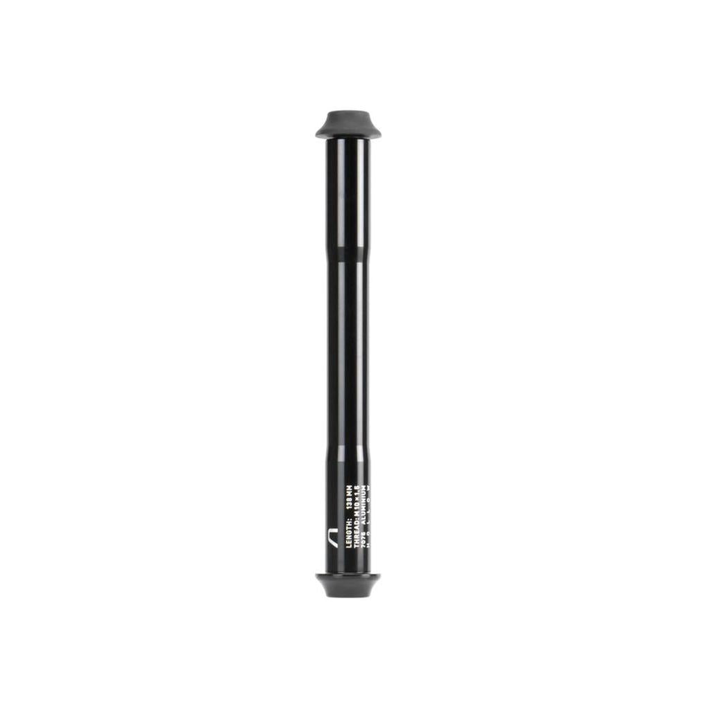 The Arise Echo Rear Axle Kit, crafted from durable 7075-T6 alloy with rubber ends, is displayed vertically against a white background. This black metallic axle ensures exceptional performance and integrates smoothly with your cassette hub for a seamless ride.