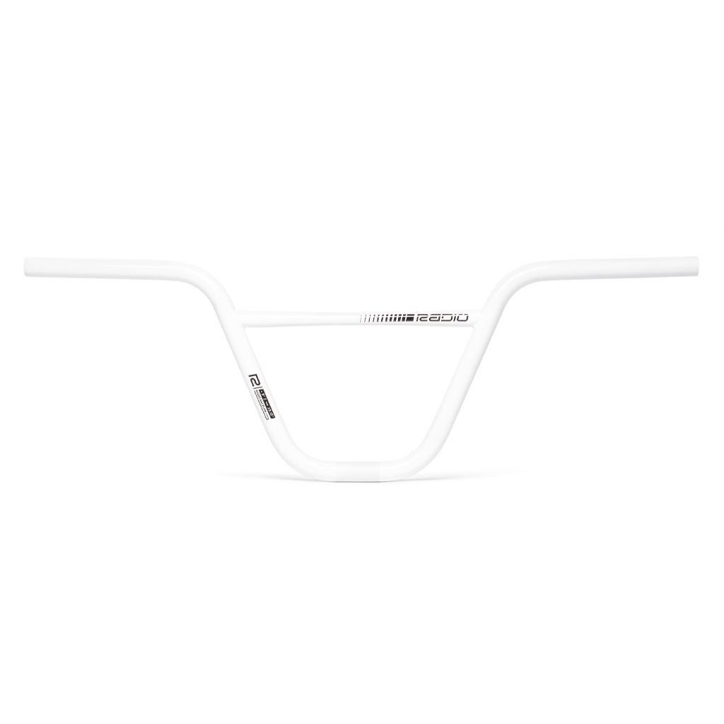 A white Radio Raceline Neon Pro Handlebar with a center support bar displaying the brand name "razilo" in black text, featuring a race pro design and constructed from durable cromoly.