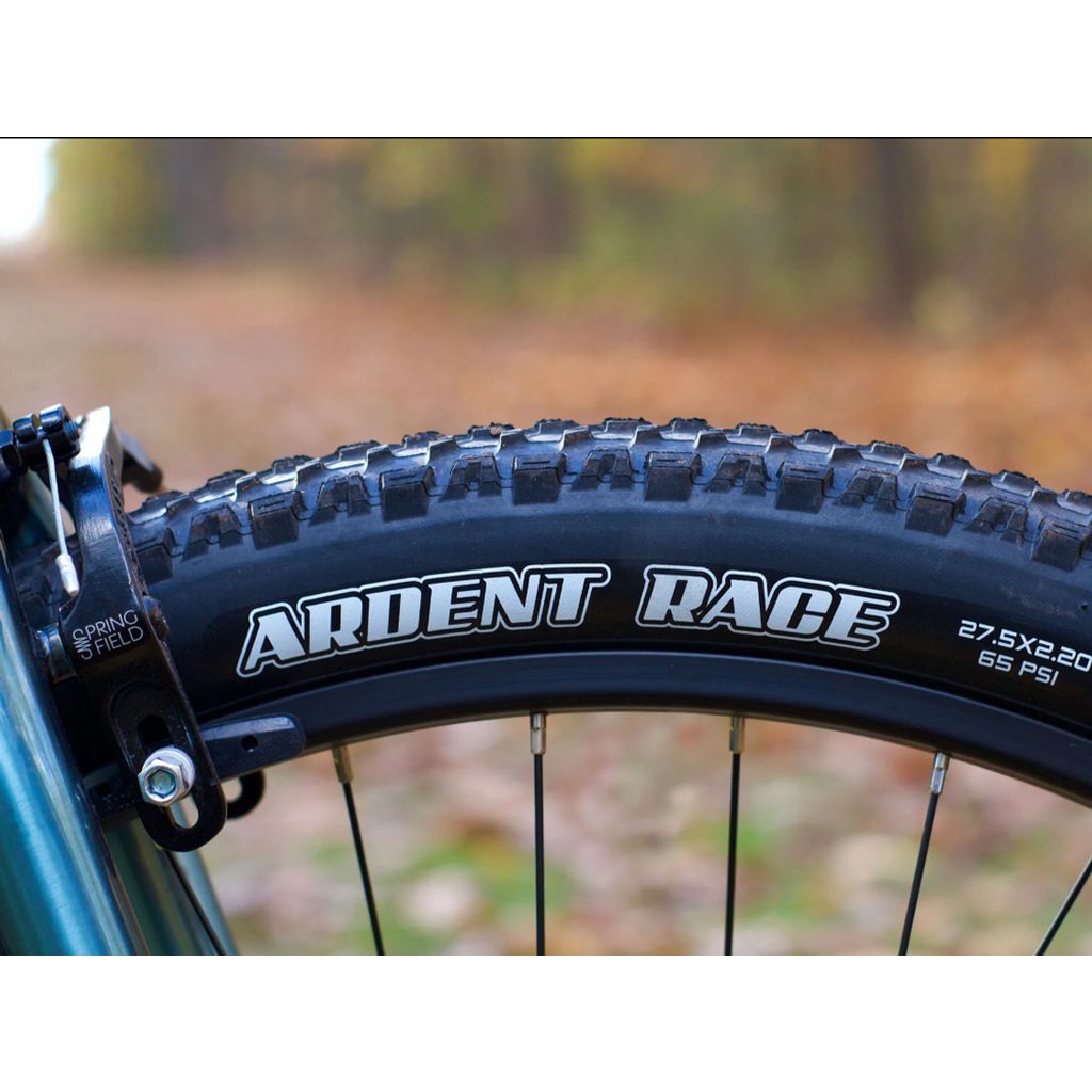 Close-up of a black mountain bike tire labeled "Ardent Race," featuring specifications of 27.5 x 2.20 and 65 PSI, mounted on a Fairdale Taj 27.5 Inch Bike (2022) with its chromoly frame. The scene is set against a blurred background of vibrant autumn leaves.