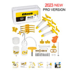 The EZ MTB Universal Bleed Kit - Pro for hydraulic disc brakes includes syringes, connectors, a fluid container, gloves, CNC machined alloy brake pads, valves, adapters, seal rings, and tubing for comprehensive bike brake maintenance.