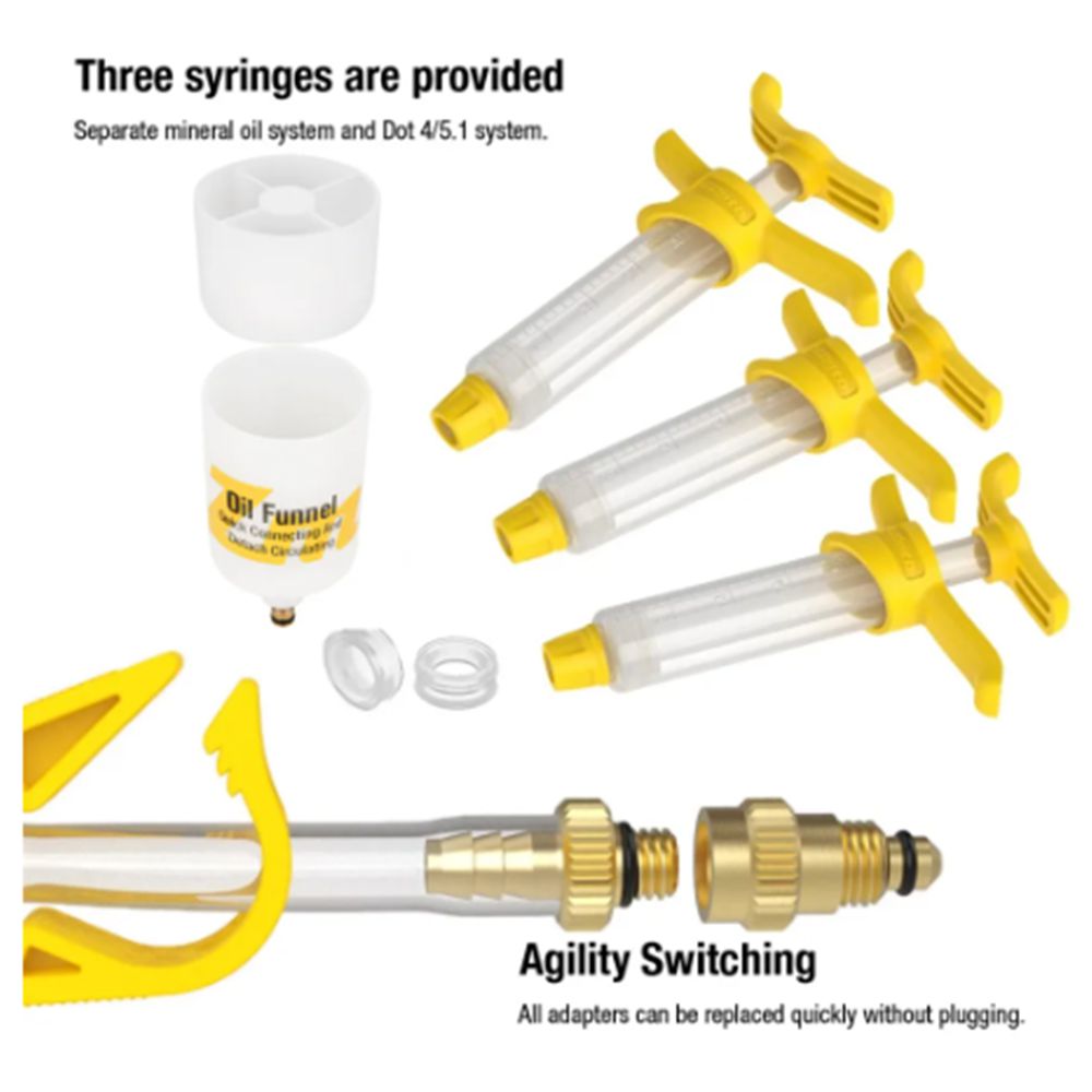 Three yellow syringes, a white oil funnel, and various adapters for fluid management are displayed with labeled features, including agility switching and system separation for mineral oil and Dot 4/5.1. The EZ MTB Universal Bleed Kit - Pro ensures precise maintenance of hydraulic disc brake systems with CNC machined alloy components.