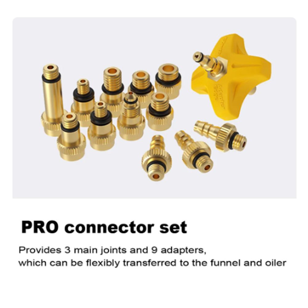 A EZ MTB Universal Bleed Kit - Pro featuring a brass connector set with 12 pieces, including 3 main joints and 9 adapters, alongside a yellow funnel with an attached connector—ideal for maintaining hydraulic disc brakes.