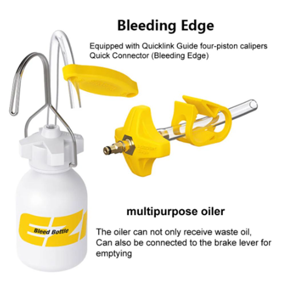 Image of an EZ MTB Universal Bleed Kit - Pro for bike brake maintenance, featuring a bleed bottle, a Quicklink Guide with four-piston hydraulic disc brake calipers, and a CNC Machined Alloy Quick Connector for receiving and dispensing oil.