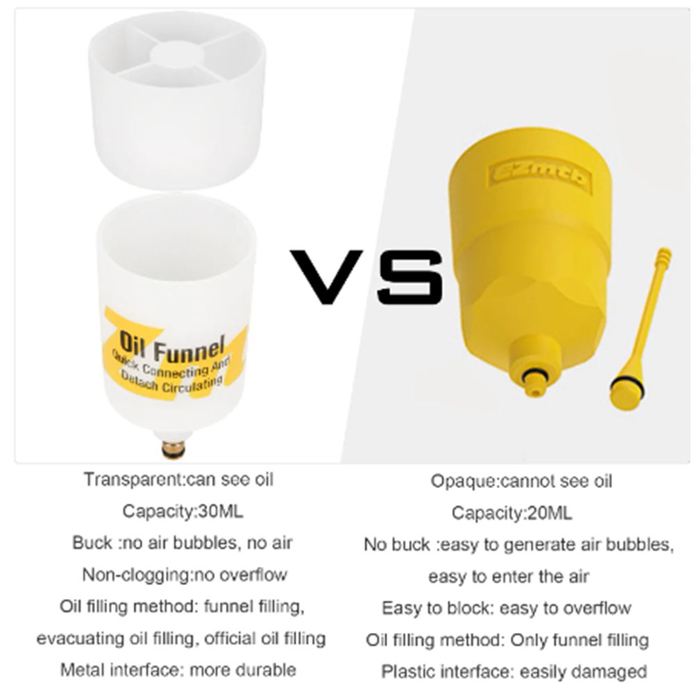 A comparison image of two oil funnels used in the EZ MTB Universal Bleed Kit - Pro. The left one, made from transparent CNC machined alloy with a 30ml capacity, is non-clogging and air-tight. The right one, constructed for hydraulic disc brake maintenance, is opaque yellow with a 20ml capacity, prone to clogging and less durable.