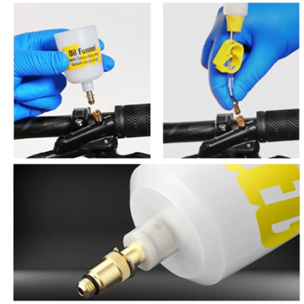 Three images illustrate the steps of using an EZ MTB Universal Bleed Kit - Pro with a bicycle's hydraulic disc brake system, including attaching the CNC machined alloy oil funnel to the brake and pouring oil through it.