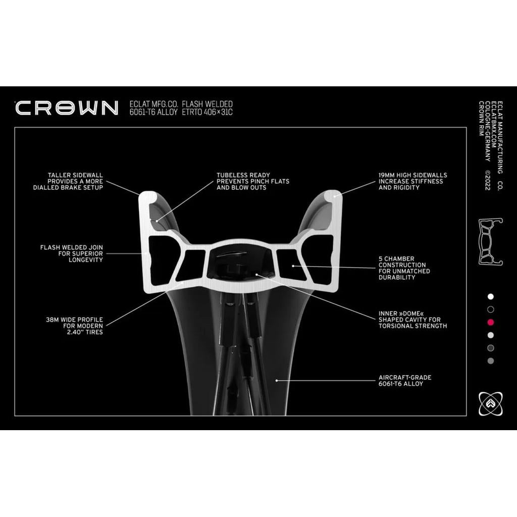 The Eclat Crown Rim features high sidewalls, a tubeless design, and a sturdy 5-chamber construction. Made from 6061-T6 alloy, it includes an inner cavity and has a 38mm width perfect for modern tires.