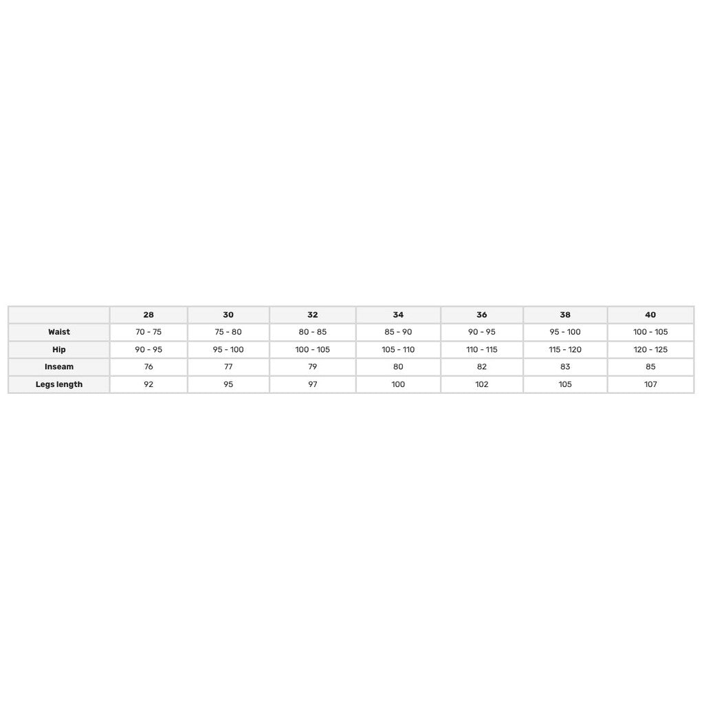 Size chart showing measurements for waist, hip, inseam, and leg length across various sizes (28 to 40). Ideal for Evolve SI2 Race Pants with 4-way stretch, the measurements are provided in ranges in centimeters for a precise fit.