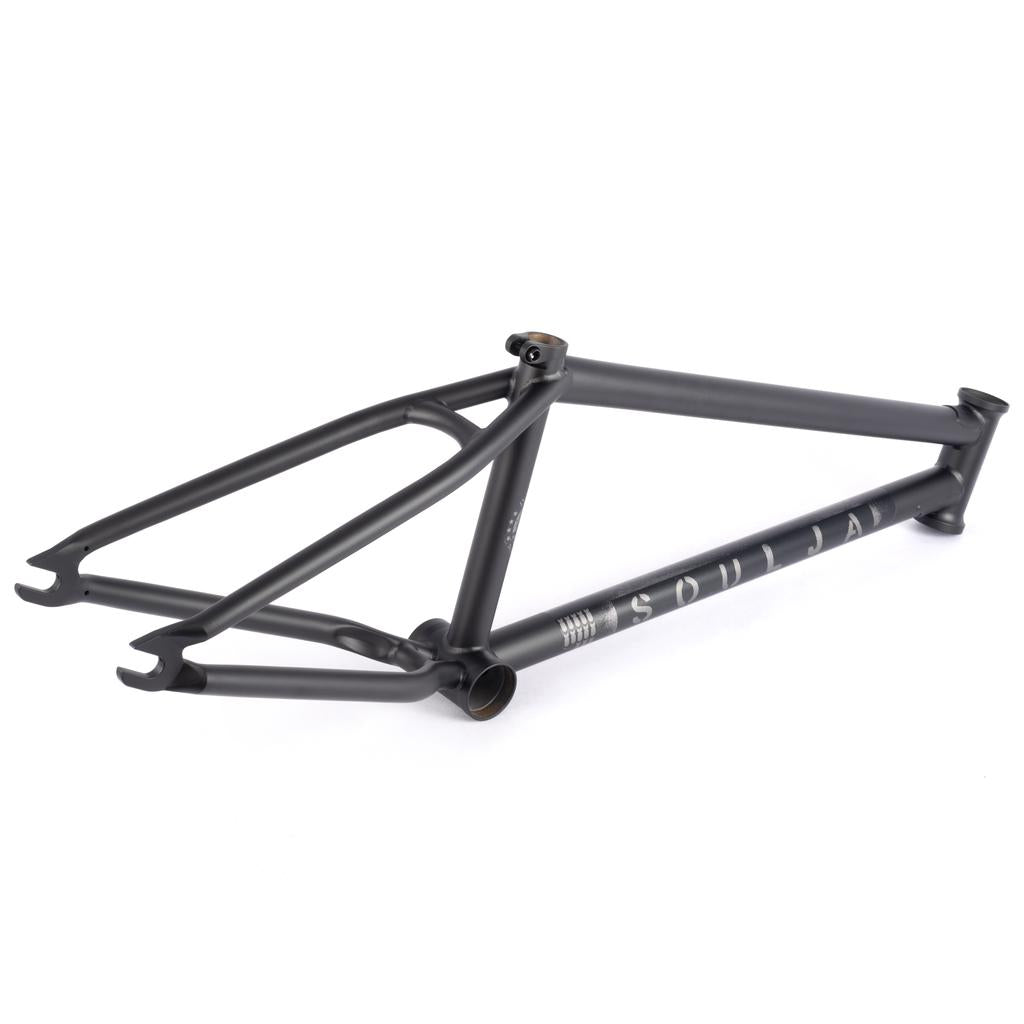 Introducing the 2022 BSD Soulja V4 Frame in matte black, featuring a unique single top tube design and invest cast dropouts. This sleek frame is equipped with innovative features, making it perfect for cycling enthusiasts.