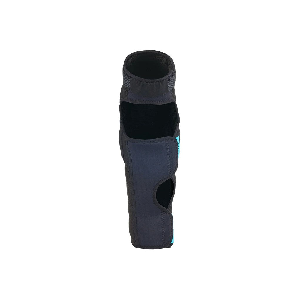 A dark gray orthopedic knee and shin brace with a turquoise accent, crafted from durable Rip Stop Cordura, featuring multiple openings for flexibility and support.