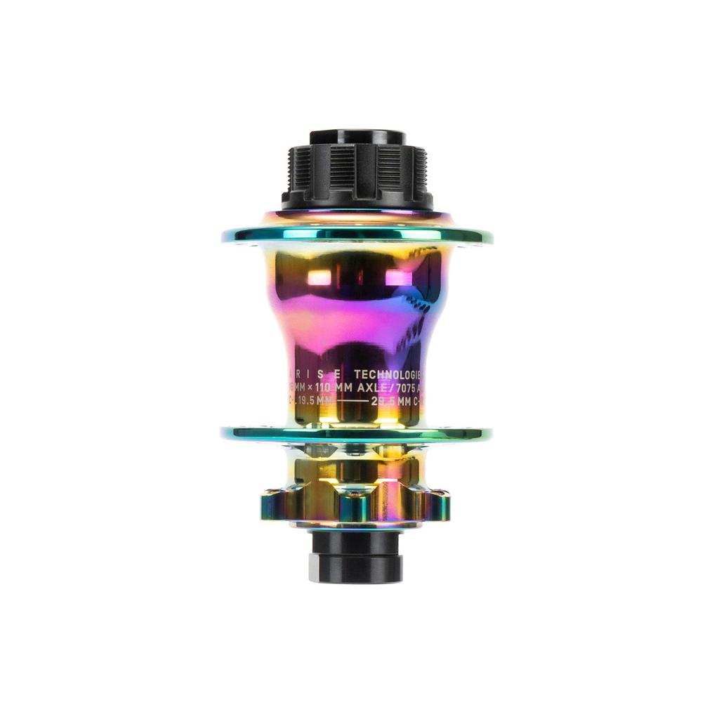 The Arise Echo Disc Rear Hub features a colorful, iridescent design with a metallic finish and lightweight build, centered against a white background.