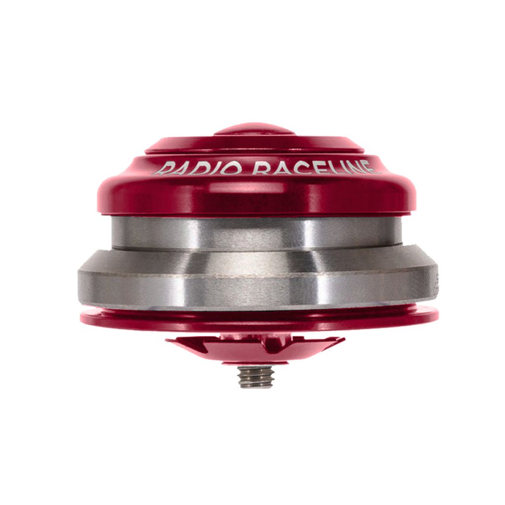 Red and silver Radio Raceline 1-1/8 - 1.5 Inch Integrated Headset with "Radio Raceline" written on the top, featuring a stacked design, high-precision bearings, and a visible screw on the bottom.