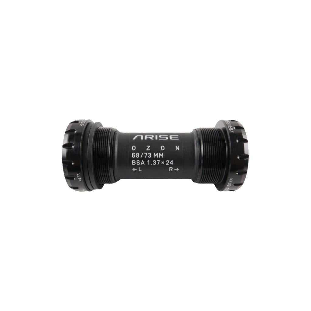 The CNC machined Arise Ozon Euro External BB Set is a black bottom bracket with labeled threads, compatible with Euro bottom brackets and BMX race frames. It has dimensions of 68/73mm and specification BSA 1.37x24.