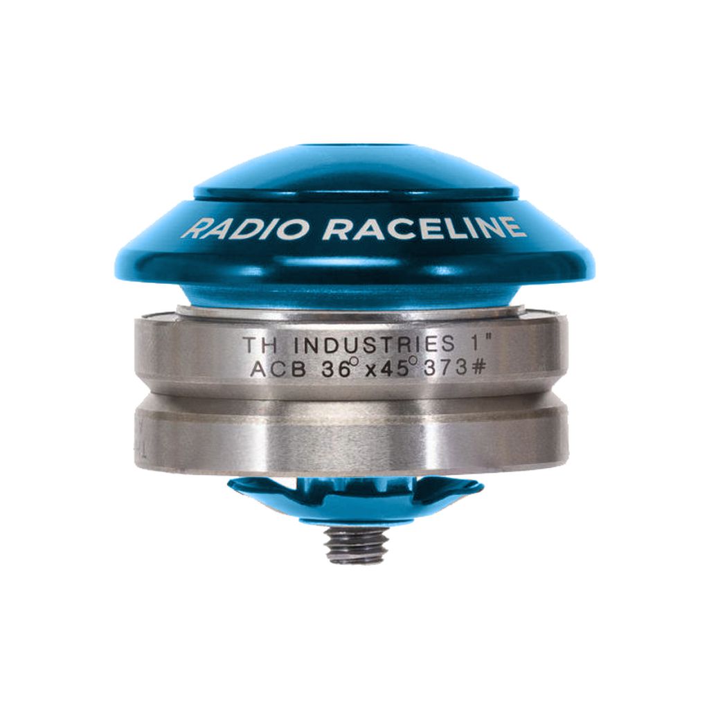 A blue and silver bicycle headset labeled "Radio Raceline 1-Inch Integrated Headset" features specifications "TH INDUSTRIES 1” ACB 36°x45° 373#" and boasts high-precision bearings for smooth performance.