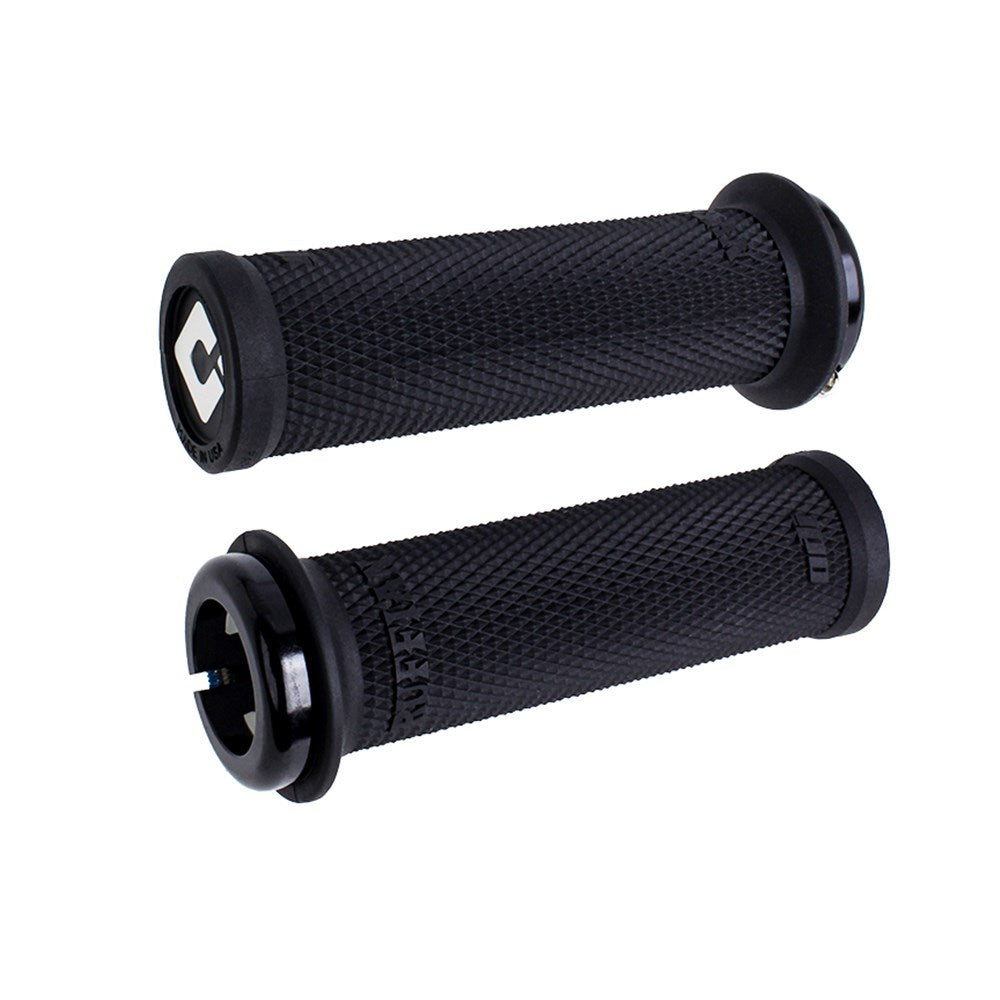 The ODI BMX Mini Ruffian 110mm Grip V2.1 features two black bicycle handle grips with a diamondised pattern and logo details on the ends. Its V2.1 Single-Clamp Lock-On system ensures a secure hold.