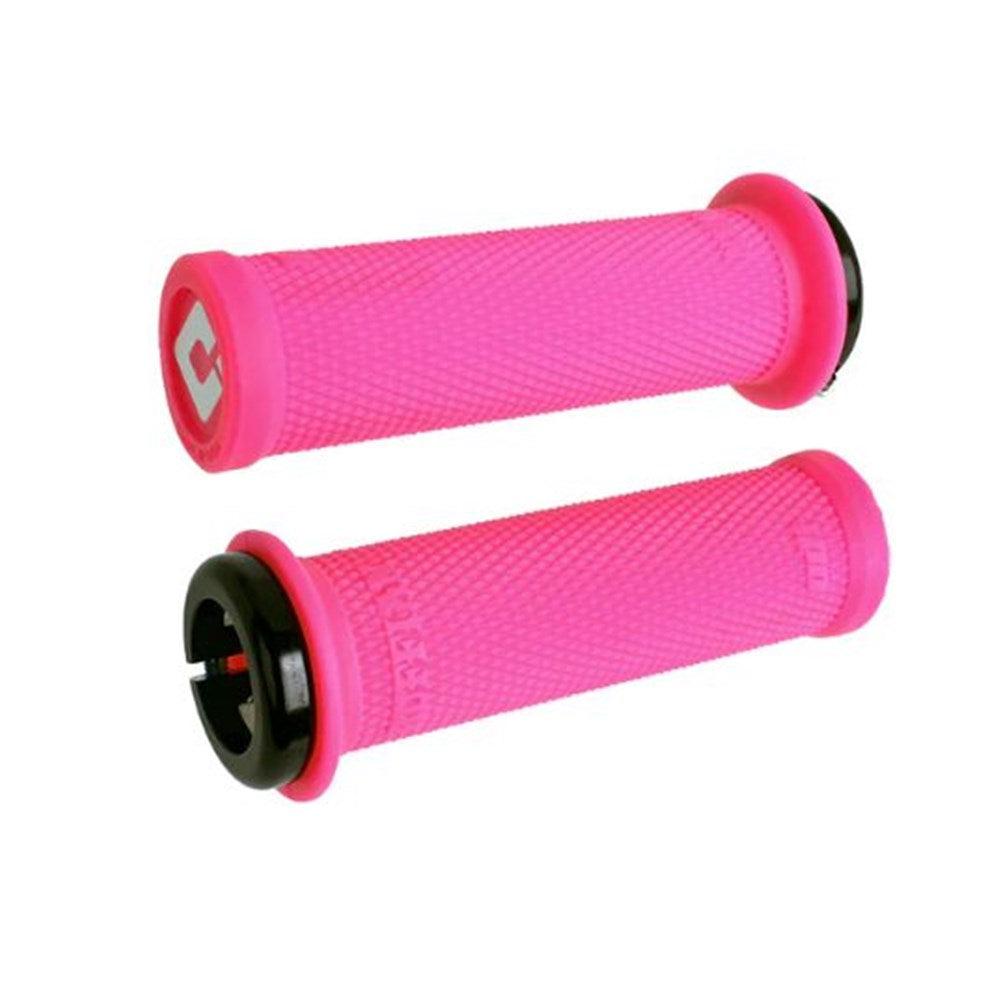 The ODI BMX Mini Ruffian 110mm Grips V2.1 are pink, textured bicycle handlebar grips with black end caps and a logo on one end, crafted from Soft CompoundTPE material for added comfort. They feature the v2.1 Single-Clamp Lock-On system for secure attachment.