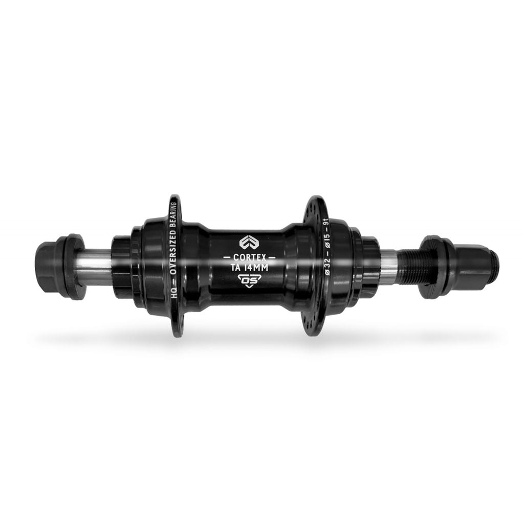 The Eclat Cortex TA front hub features sealed bearings and multiple spoke holes made from 4130 CrMo, with branding and specs for durability and performance.