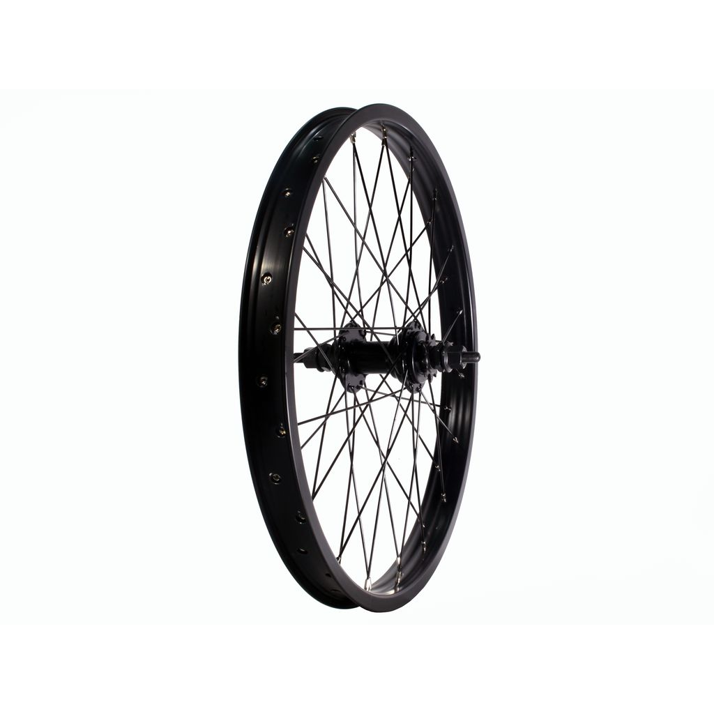 DRS Pro Elite Rear Wheel with black, affordable double wall rim, spokes, and sealed bearing hub isolated on white background.