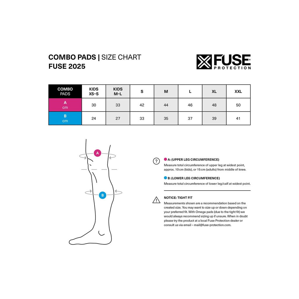 Size chart for Fuse Echo 125 Knee/Shin/Ankle Combo Pads (Pair), equipped with adjustable straps. It includes leg circumference measurements for sizes XS-S through XXL. The diagram highlights upper and lower leg measurement points to ensure a perfect fit and optimal impact absorption.