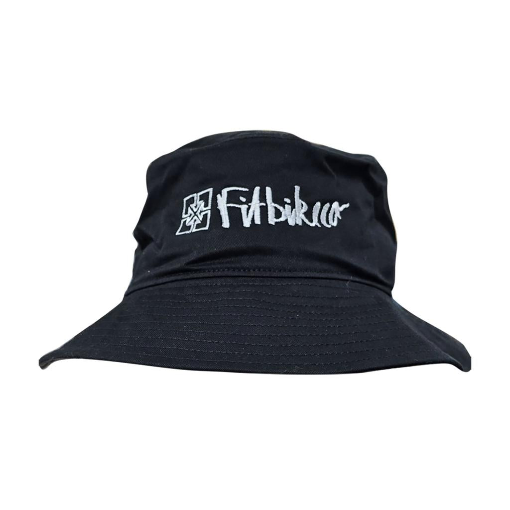 Fit Bike Co Embroided Bucket Hat: A black bucket hat featuring "Fitbikeco" in white embroidery on the front, ideal for both trail shredding and relaxing at your favorite camping spot.