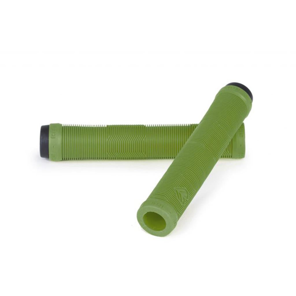 The Eclat Pulsar Grips, featuring two green, super-soft rubber handlebar grips with textured surfaces, are arranged on a white background—one horizontally and the other diagonally.