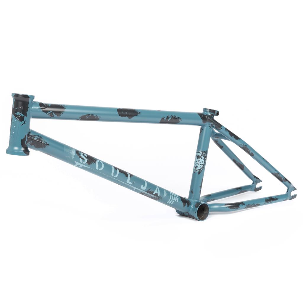 The BSD Soulja V4 Frame (2021) features a durable blue chromoly construction with a black camouflage pattern, the word "Solja" on the side, and Superscoop chainstay tubing for improved performance.