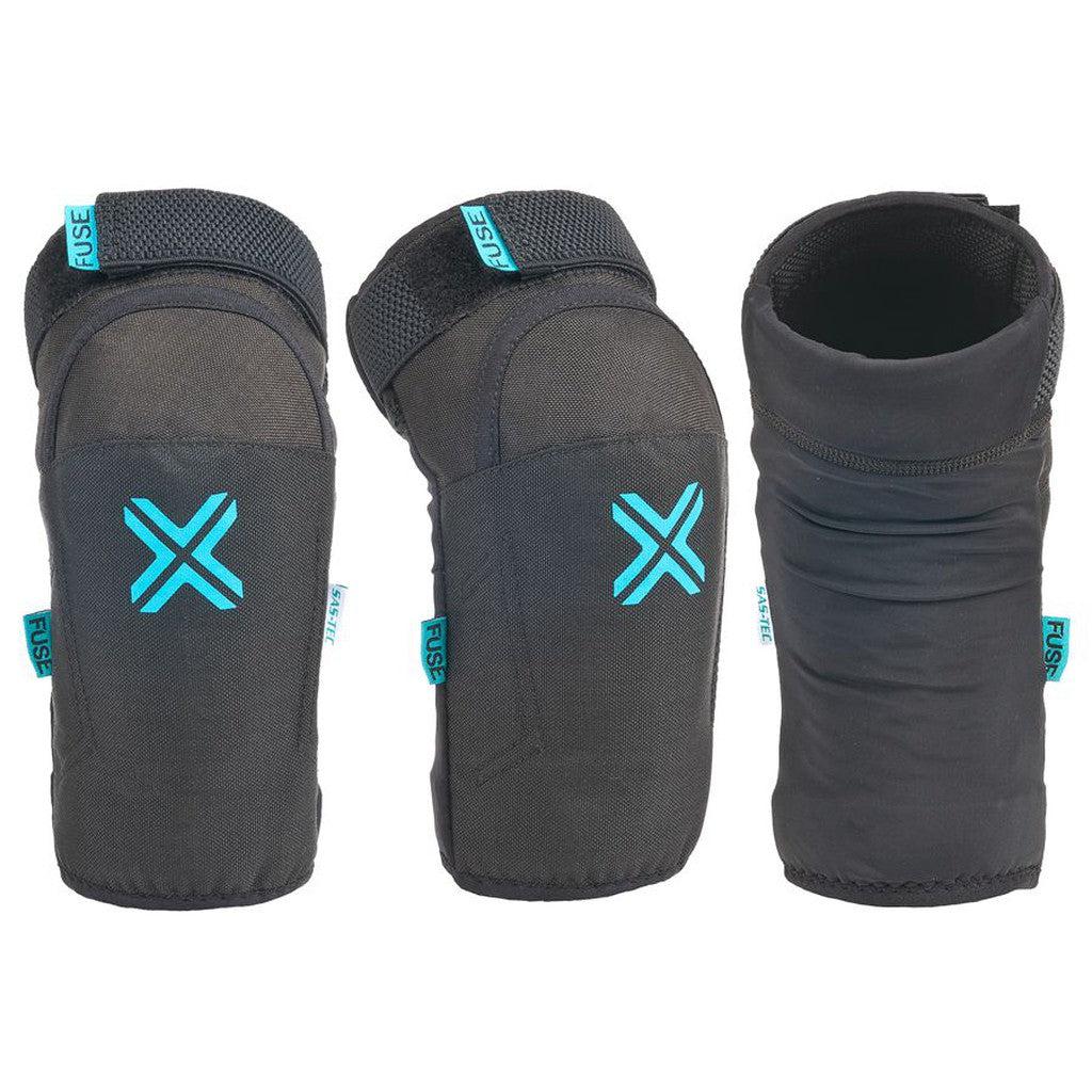 Three black Fuse Echo Sas Tec elbow pads with blue accents, incorporating SAS-TEC foam for superior impact absorption, are displayed from different angles on a white background.