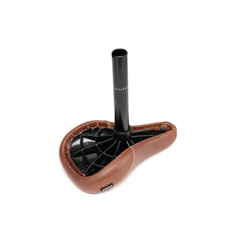 The Radio Century Combo Seat features a brown design and a black support post, made from strong, lightweight 6061-T6 alloy.