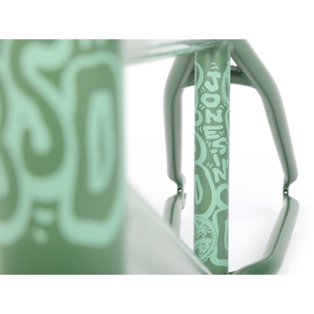 The BSD Jonesin Frame (2021) features modern street geometry with a signature design by Sam Jones, showcasing abstract light green graffiti-like patterns on the tubes.