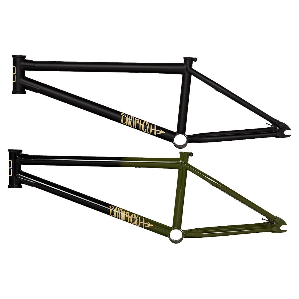 Two Fit Bike Co Shortcut BMX frames are shown horizontally, one black and one green, each with gold brand logos. These responsive frames offer cutting-edge BMX technology for riders seeking precision and agility.