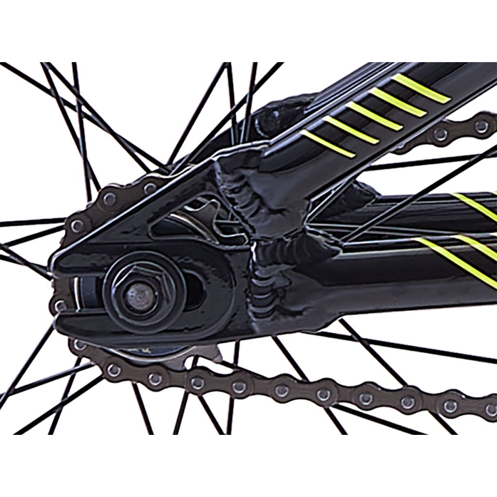 Close-up view of a black bicycle chain on a Redline MX Junior Bike and part of the rear wheel with visible spokes and aluminum frame detailing, perfect for BMX racing.