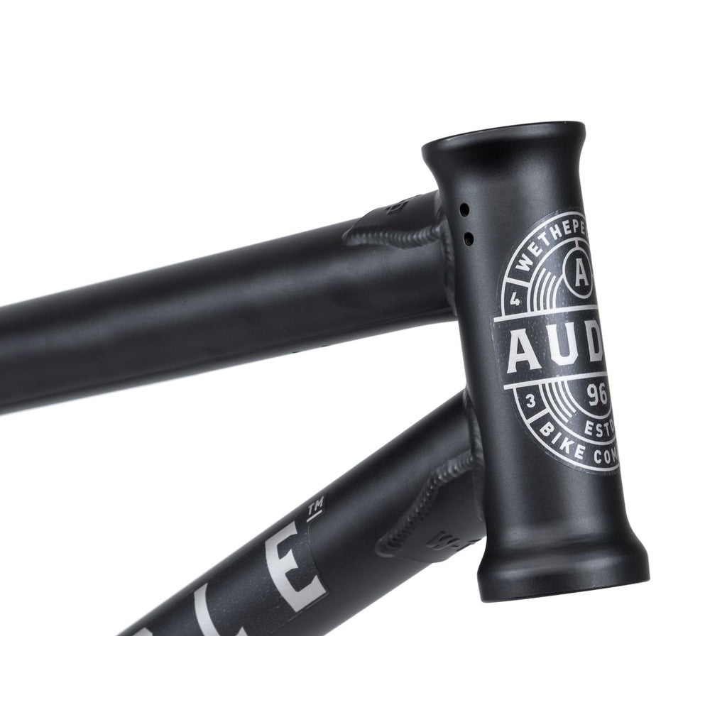 Close-up image of a Wethepeople Audio 22 Inch Frame/Fork Kit in black, featuring the WETHEPEOPLE and AUDIO logos on the head tube and down tube, showcasing chromoly aftermarket parts.