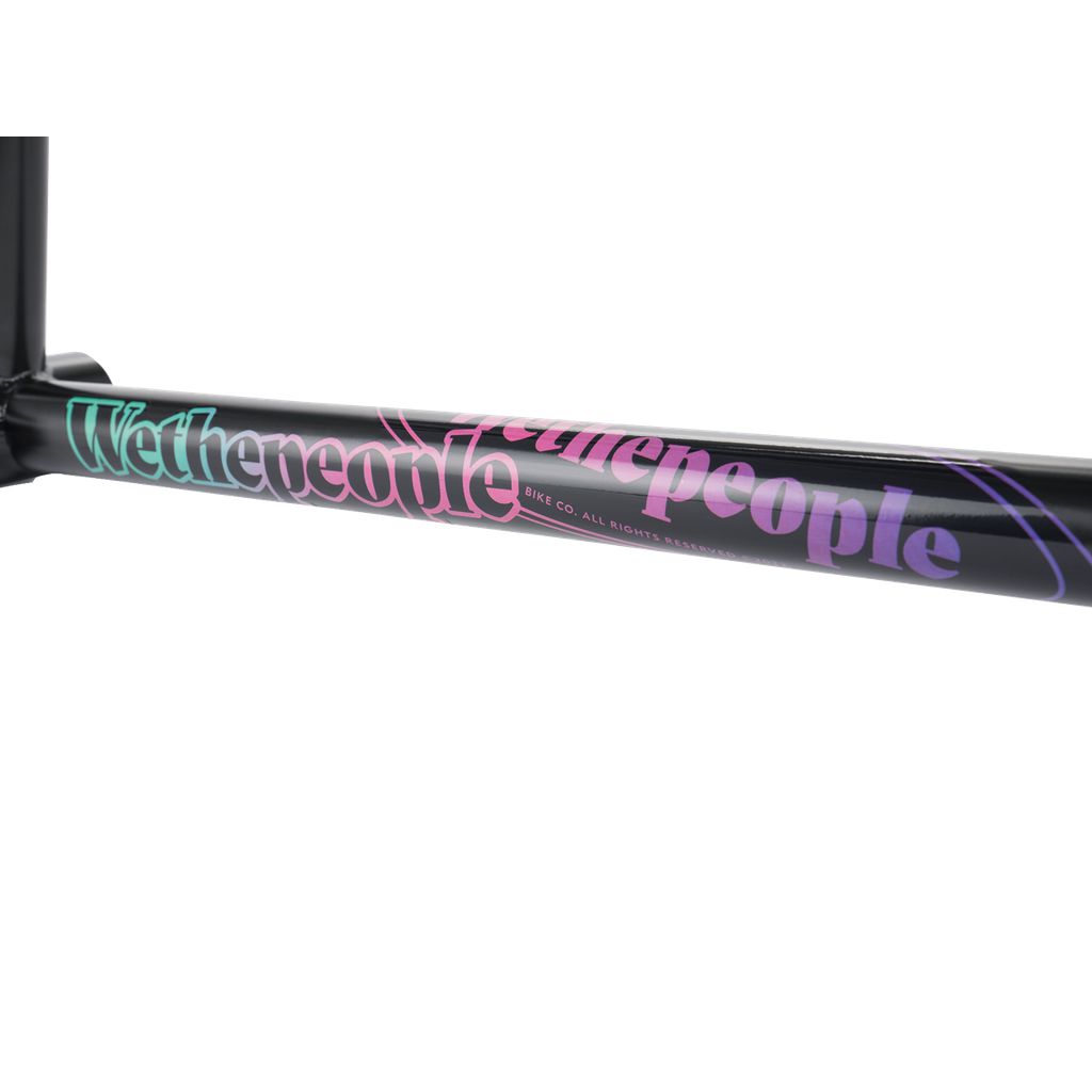 Close-up of the Wethepeople Trigger Frame against a black background, showcasing the brand name in gradient colors, with adaptive geometry that enhances its robust structure, favored by the WTP AM team.