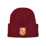 A maroon ribbed cuffed beanie featuring an embroidered red and yellow crest with the letters "S&M" and the text "Museum in Chicago.