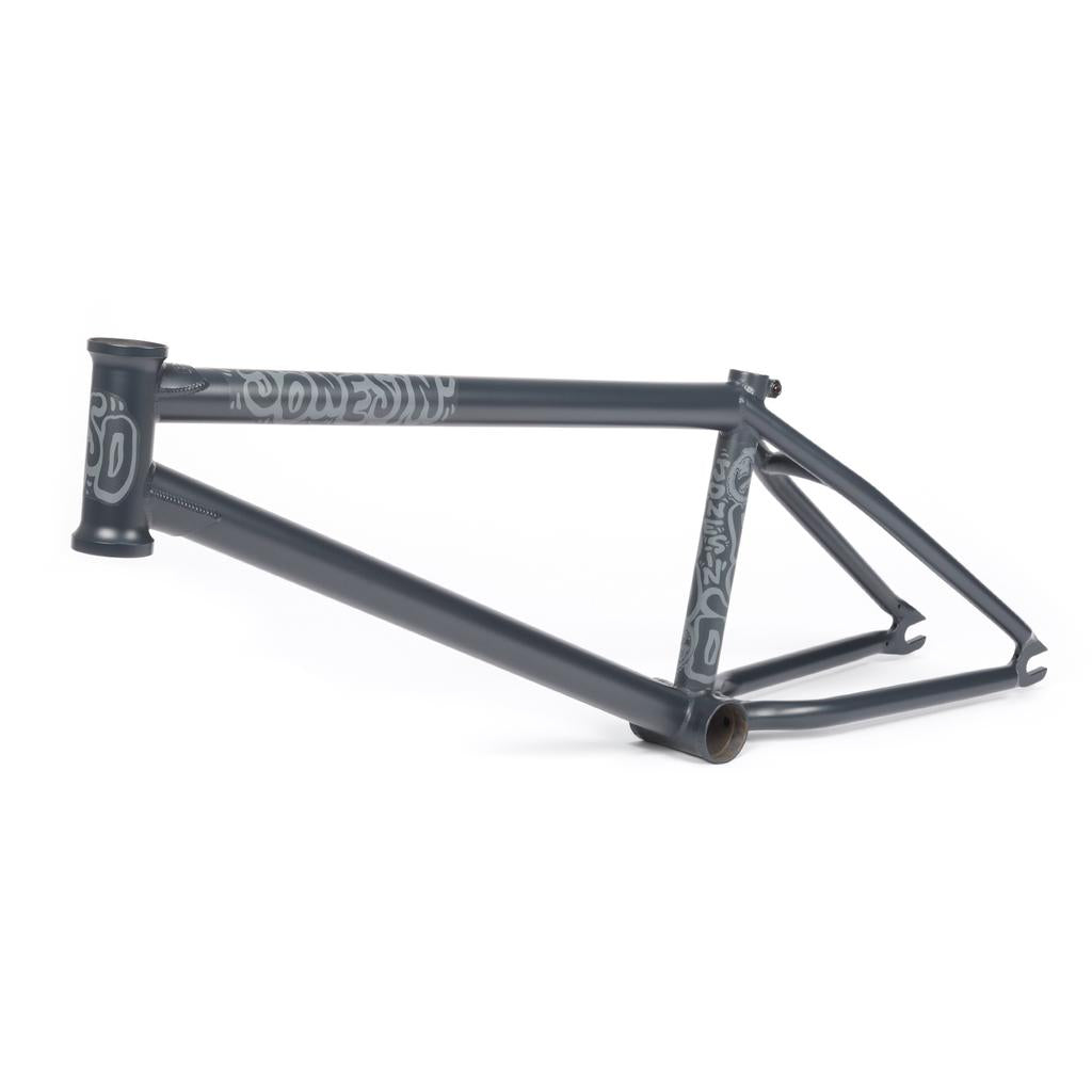 The BSD Jonesin Frame (2021) in gray showcases decorative text on the top and down tubes, embodying modern street geometry, set against a white background.