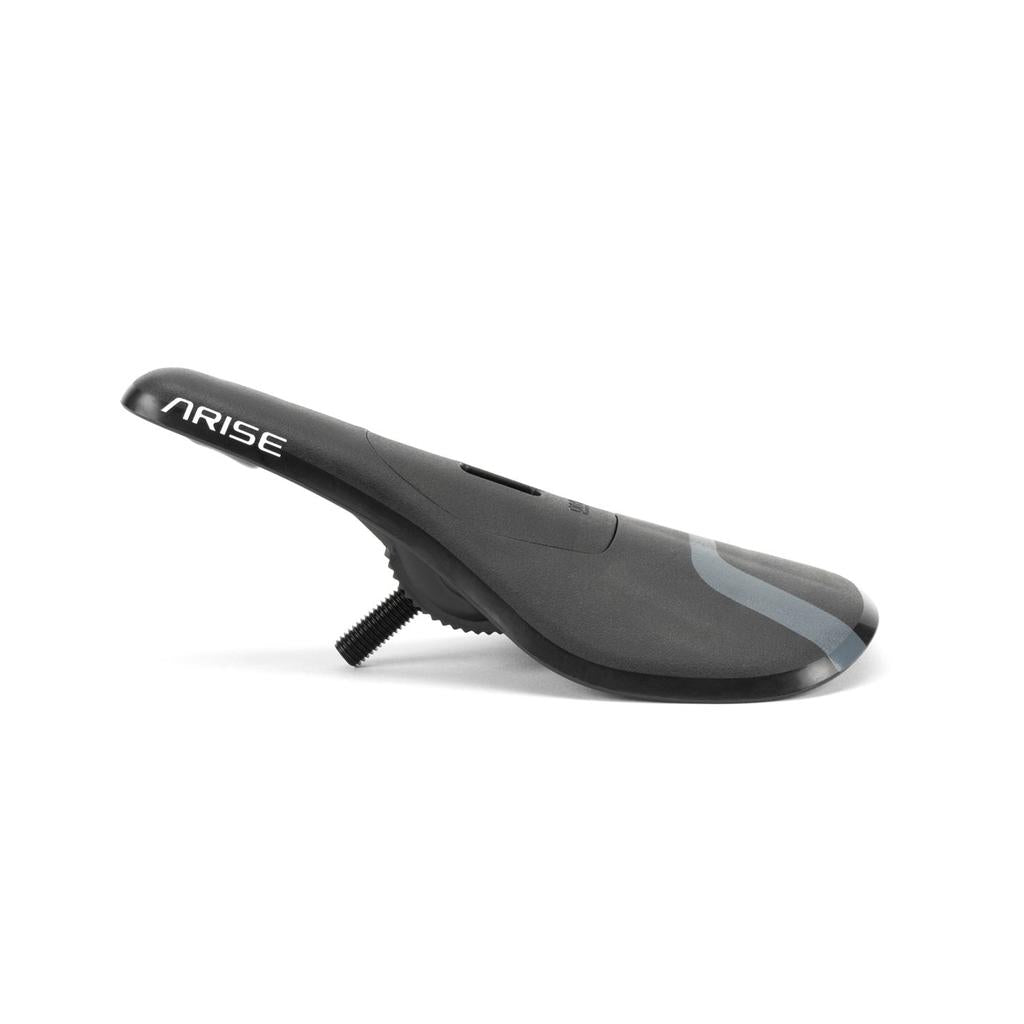 The Arise Zoids Pivotal Seat is a black bike saddle with "ARISE" branding, known for its sleek design and lightweight BMX race seat features, plus a visible adjustment mechanism underneath.